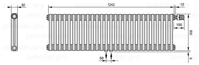 Схема (чертеж) Радиатор Zehnder Charleston 2050/27 №V008 Белый глянцевый RAL 9016